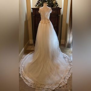 Jasmine Haute Couture Ivory Silk Pearl Lace Wedding Dress Detachable Train